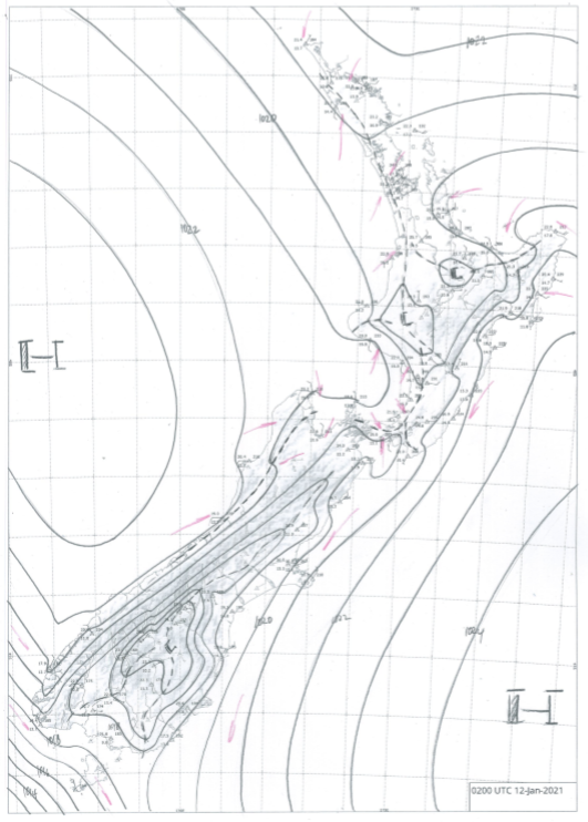 Figure 1: Hand drawn analyses, such as this one shown for 3pm 12 January 2021, help inform the MetService Expert Meteorologist’s knowledge of meso-scale features and synoptic patterns every 3 hours, every day. This helps the MetService forecasters to determine which weather models are accurately capturing current conditions, meaning that their forecasts are likely to be better than those models which are not.