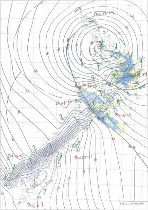 Figure 2: Hand drawn analysis for 6am 16 February 2021, showing a significant Low and associated rain bands affecting the North Island.