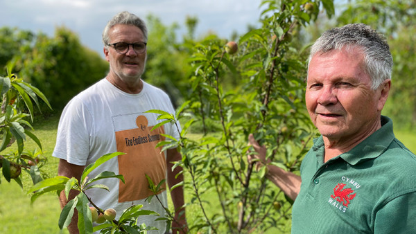 Six months after his family took over what is now Village Berry Orchard, manager Chris Hunt (left) still gets to call on former owner Geoff Meade's experience and advice.