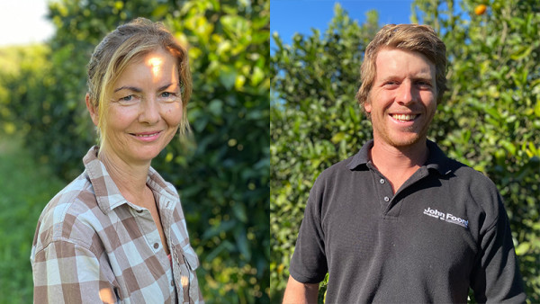 Gisborne orchardists Tam Jex-Blake (left) and Sam Tietjen hope their trial plantings will not only reduce their own use of insecticides, but will also help develop industry best practice to the benefit of all growers. Pictures by Kristine Walsh