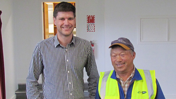 James Kuperus, left, with Pukekoke grower, Howe Young, who is managing the onion trial