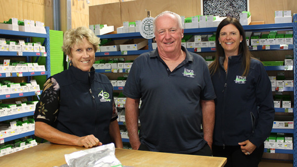 Kings Seeds owners Barbara and Gerard Martin and their new general manager Charlotte Connoley in the company’s Katikati warehouse.