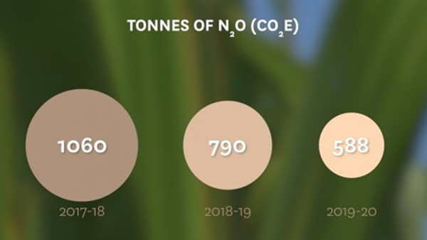 Graphic showing tonnes of nitrous oxide emissions from Woodhaven Gardens, 2017–2020.